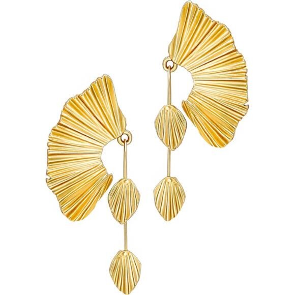 18K Gold Plated Boho Fan Earrings | Chunky Statement Dangle - Picture 1 of 7